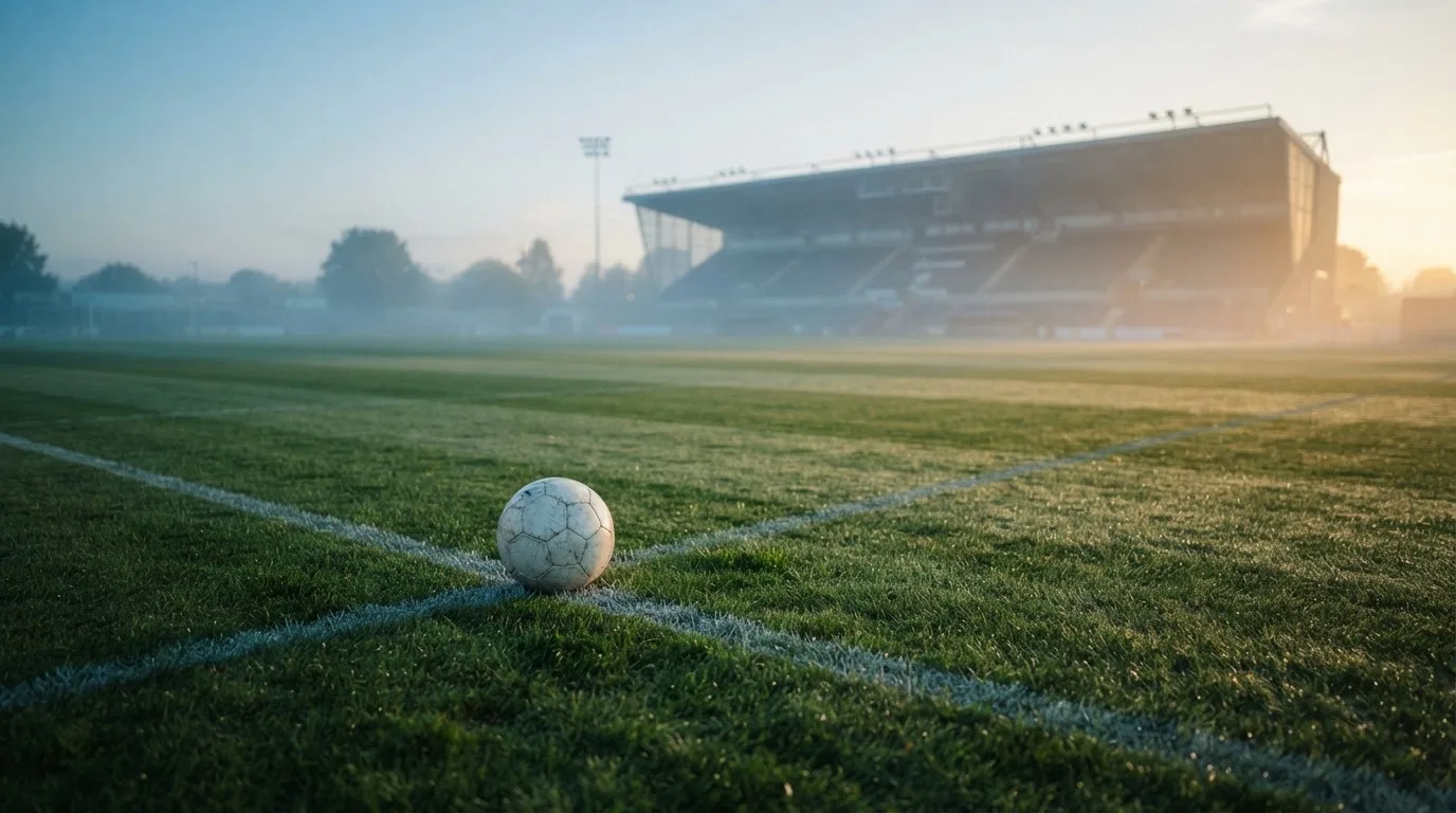 Ein Fußball liegt auf dem Mittelkreis eines leeren Rasenplatzes am frühen Morgen, im Hintergrund eine ferne Tribüne im Dunst.