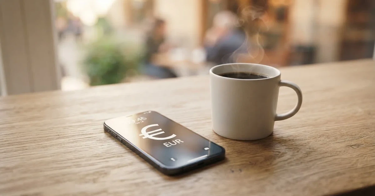 Ein Smartphone mit dunklem Display liegt neben einer Kaffeetasse und einigen Münzen auf einem hellen Holztisch, weiches Tageslicht fällt von links.