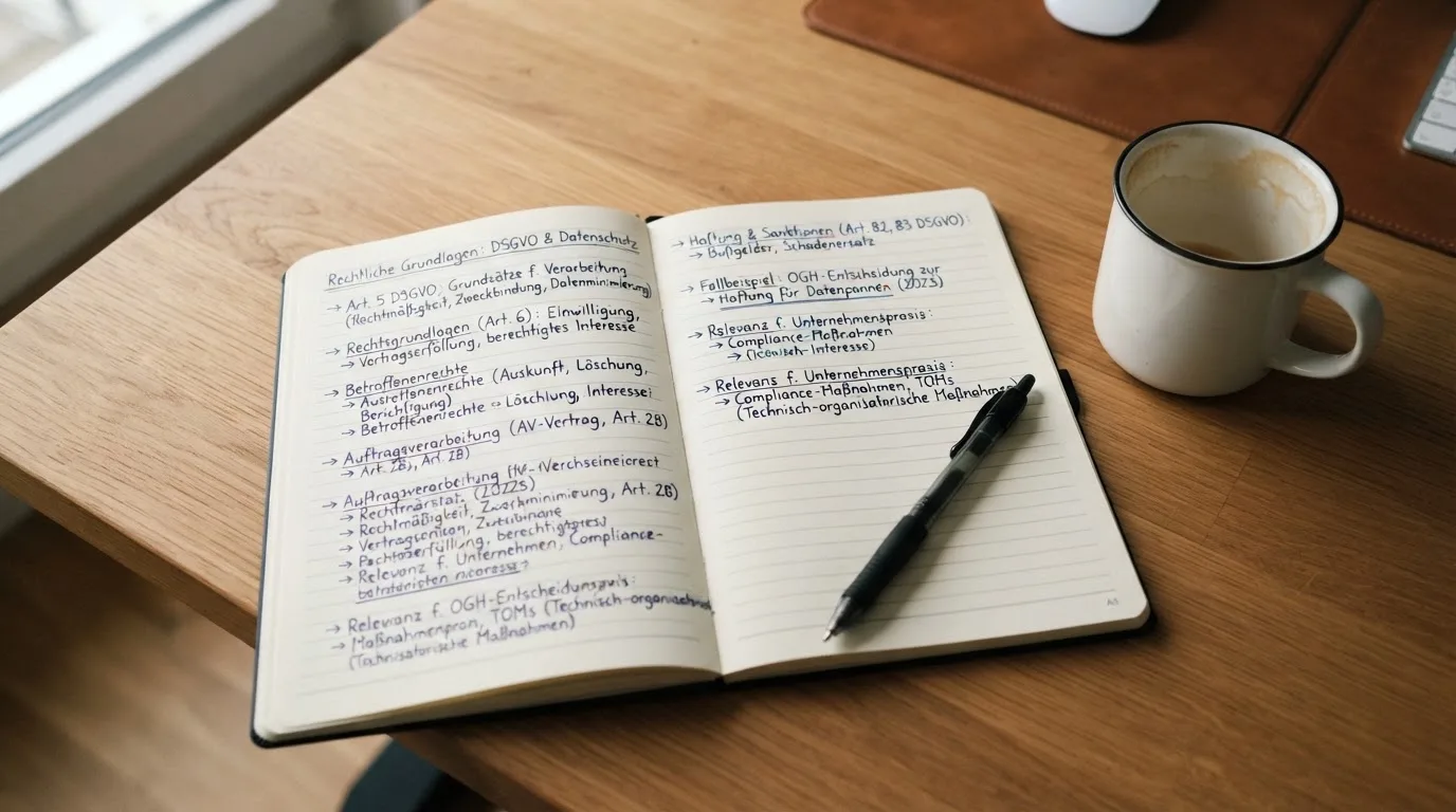 Ein Notizbuch mit handschriftlichen Notizen und ein Kugelschreiber liegen auf einem Schreibtisch neben einer Tasse, Blick schräg von oben.