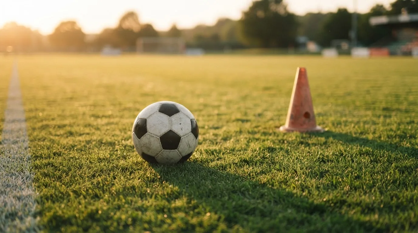 Ein Fußball liegt auf einem Trainingsplatz neben einem orangen Hütchen, Abendlicht fällt flach über den Rasen.