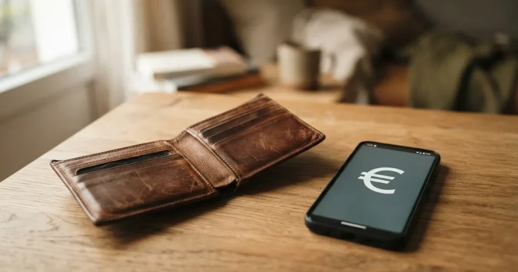 Ein Portemonnaie aus Leder liegt geöffnet auf einem Holztisch neben einem Smartphone mit dunklem Display, Fensterlicht fällt von der Seite.