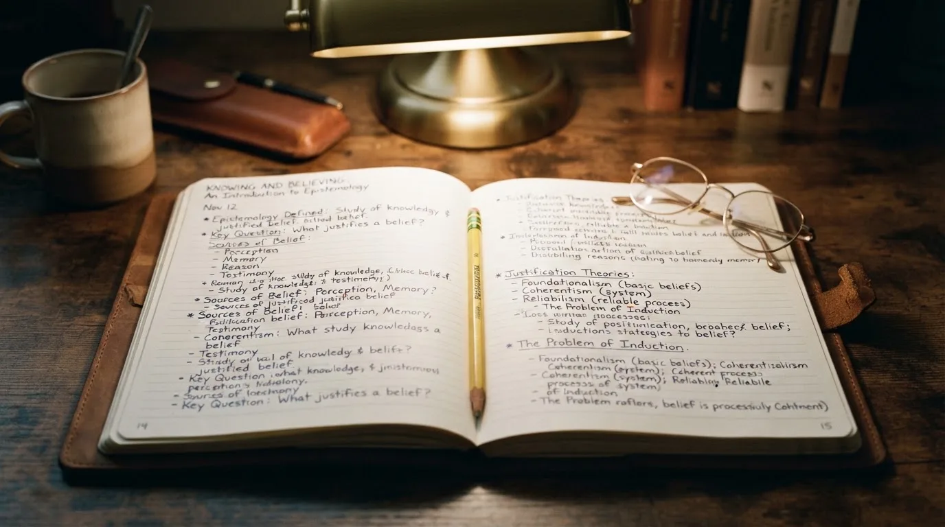 Ein aufgeschlagenes Notizbuch mit handschriftlichen Notizen liegt neben einem Bleistift auf einem Schreibtisch, daneben eine Brille.