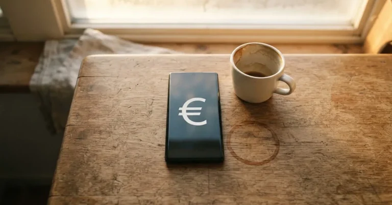 Eine Handvoll Münzen liegt neben einer Kaffeetasse auf einem Küchentisch, im Hintergrund unscharf ein Fenster mit Morgenlicht.