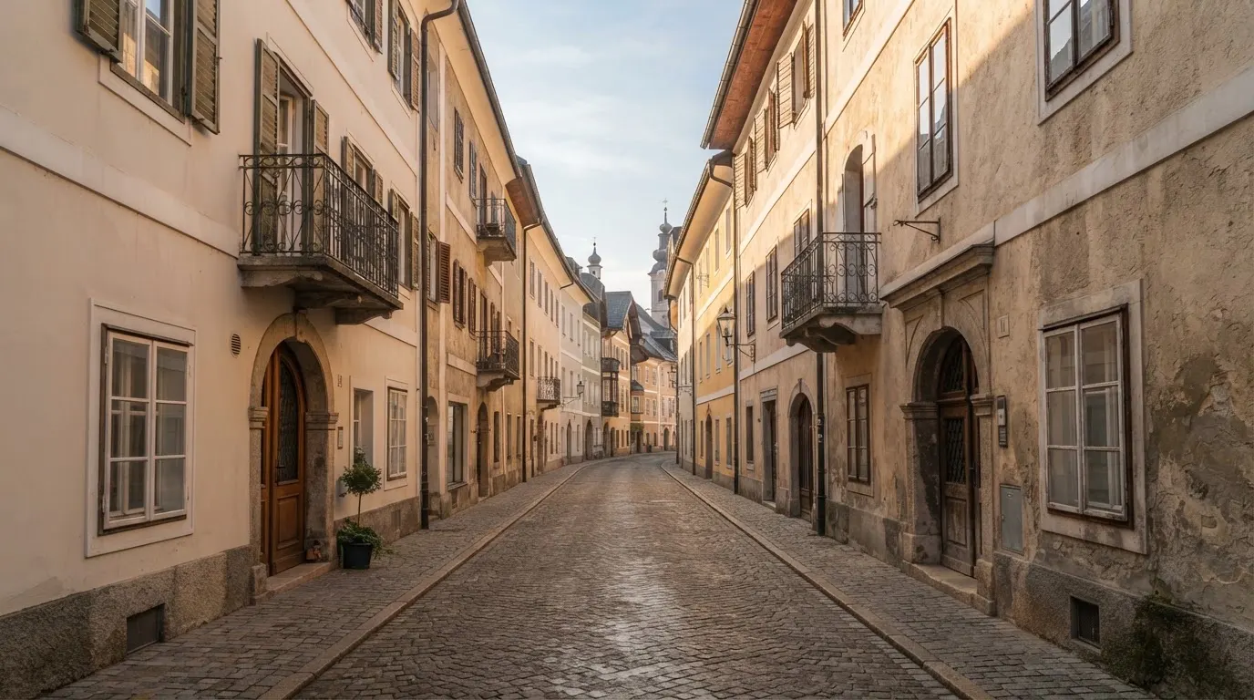 Ein ruhiger Straßenzug in einer Altstadt am Vormittag, helle Fassaden, keine Schilder, niemand ist zu sehen.