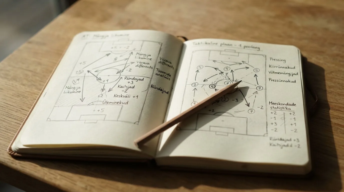 Ein aufgeschlagenes Notizbuch mit handschriftlichen Skizzen und Pfeilen liegt neben einem Bleistift auf einem Holztisch, Tageslicht fällt von der Seite.