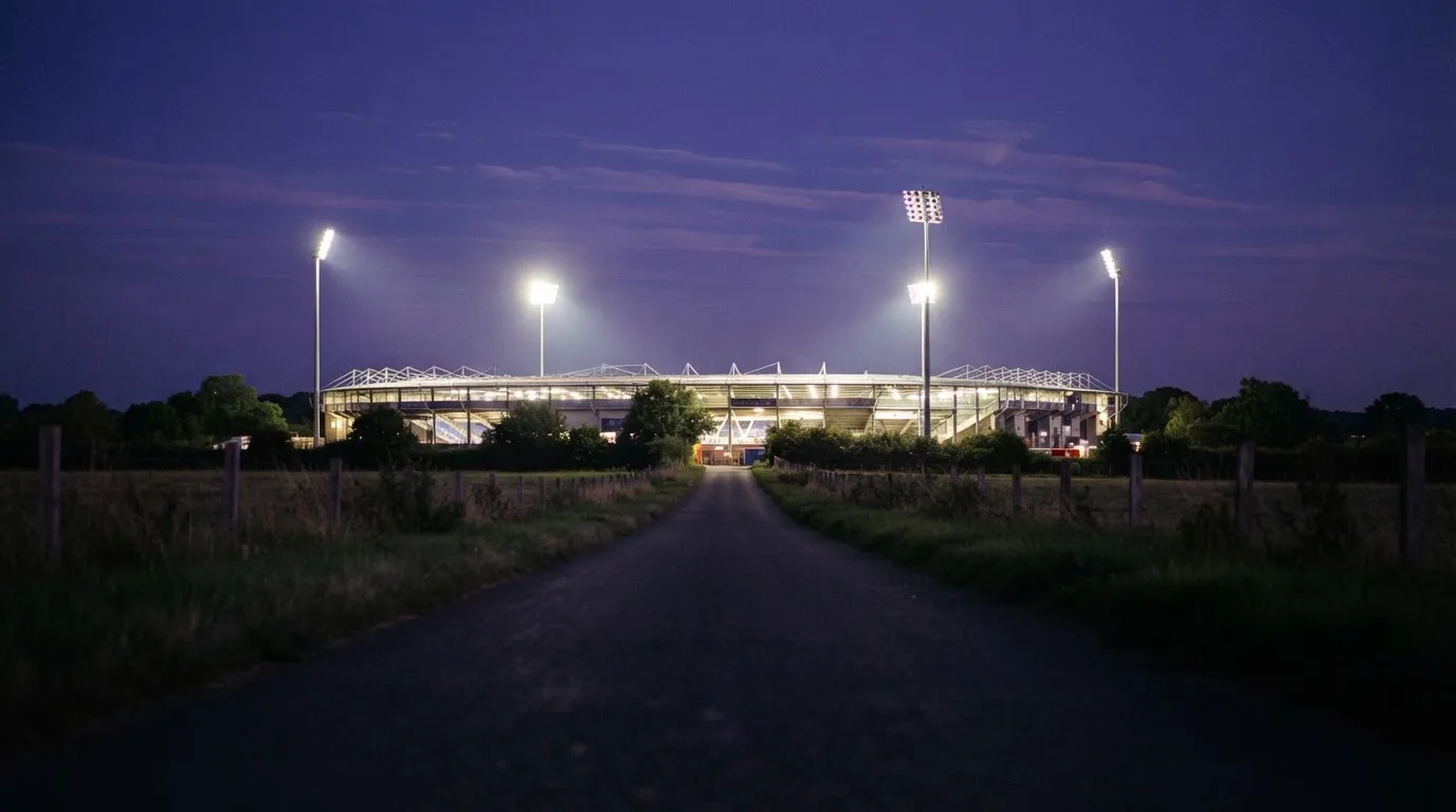 Ein Flutlichtstadion erhebt sich bei Dämmerung in der Ferne hinter einer leeren Landstraße, die Lichter sind eingeschaltet.