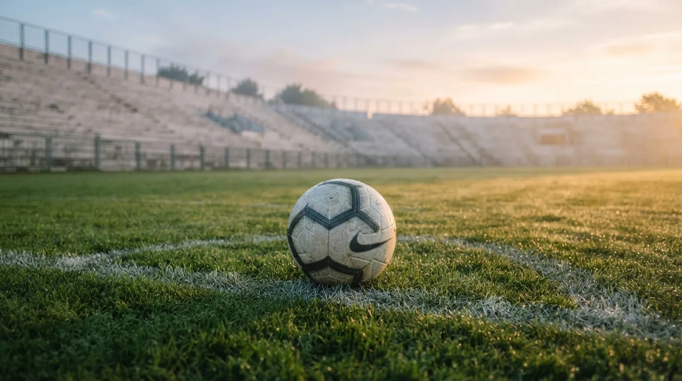 Ein Fußball liegt auf dem Rasen vor einer leeren Tribüne am frühen Morgen, Tau glänzt auf dem Gras.