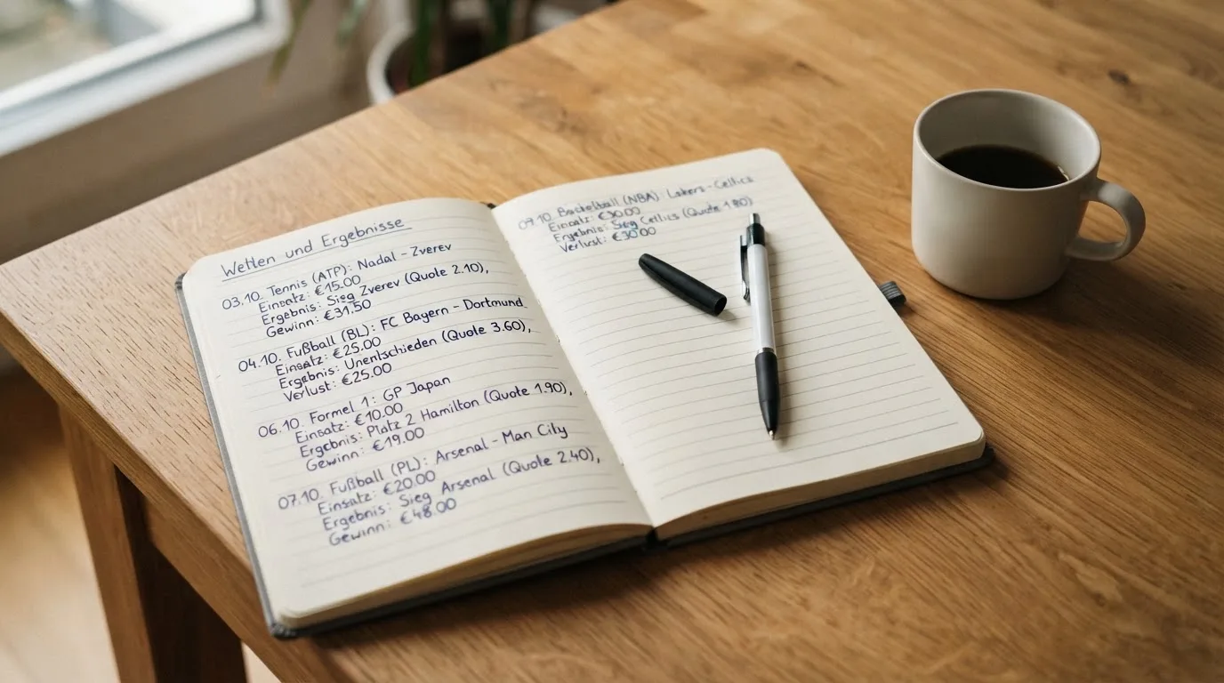 Ein Notizbuch mit handschriftlichen Notizen und ein Kugelschreiber liegen auf einem Schreibtisch neben einer Tasse, Blick schräg von oben.