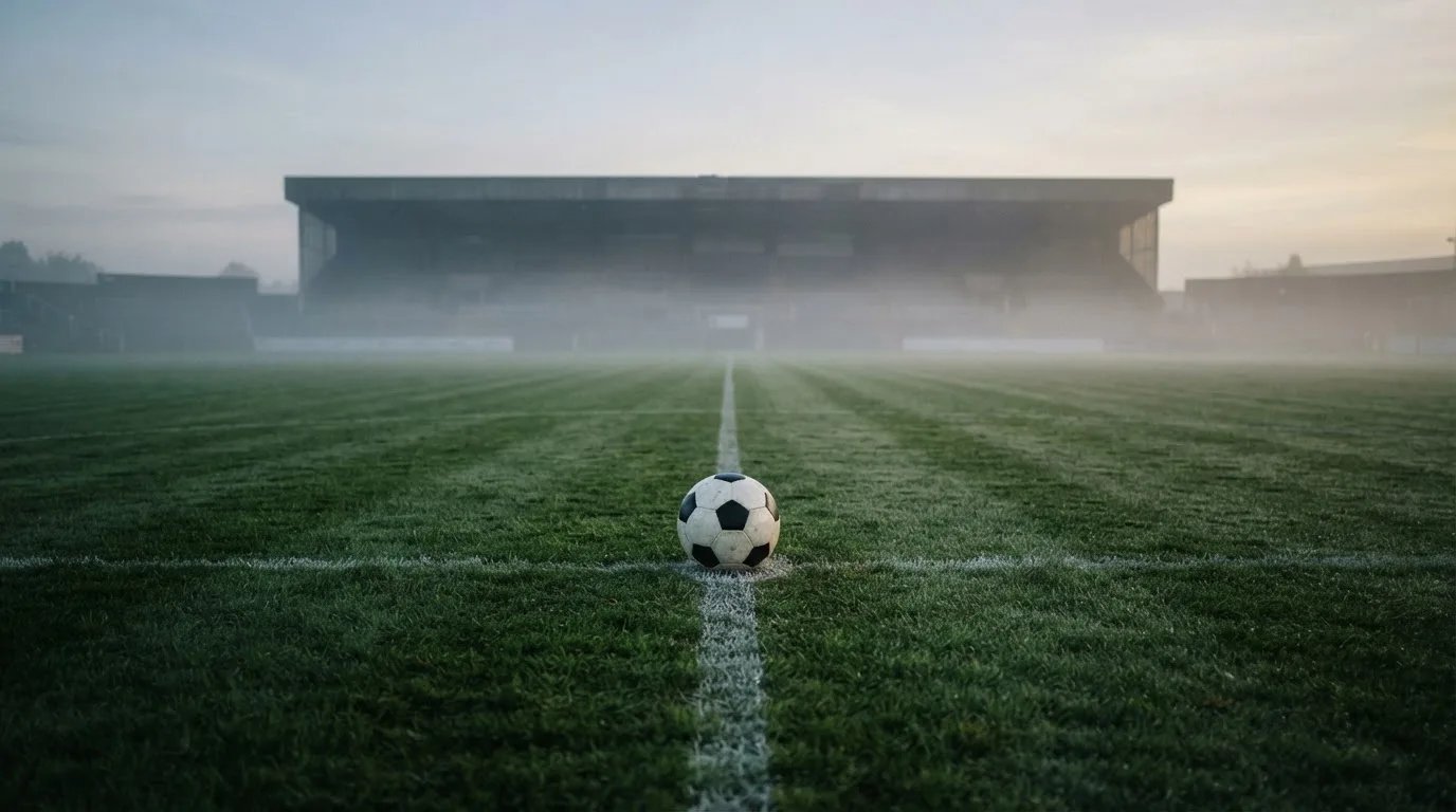 Ein Fußball liegt auf dem Anstoßpunkt eines leeren Rasenplatzes im Morgendunst, im Hintergrund eine ferne Tribüne.