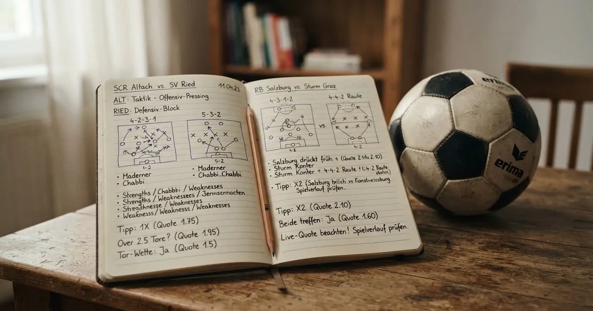 Ein Notizbuch mit handschriftlichen Notizen und kleinen Skizzen liegt aufgeschlagen neben einem Bleistift auf einem Schreibtisch, daneben ein Fußball.