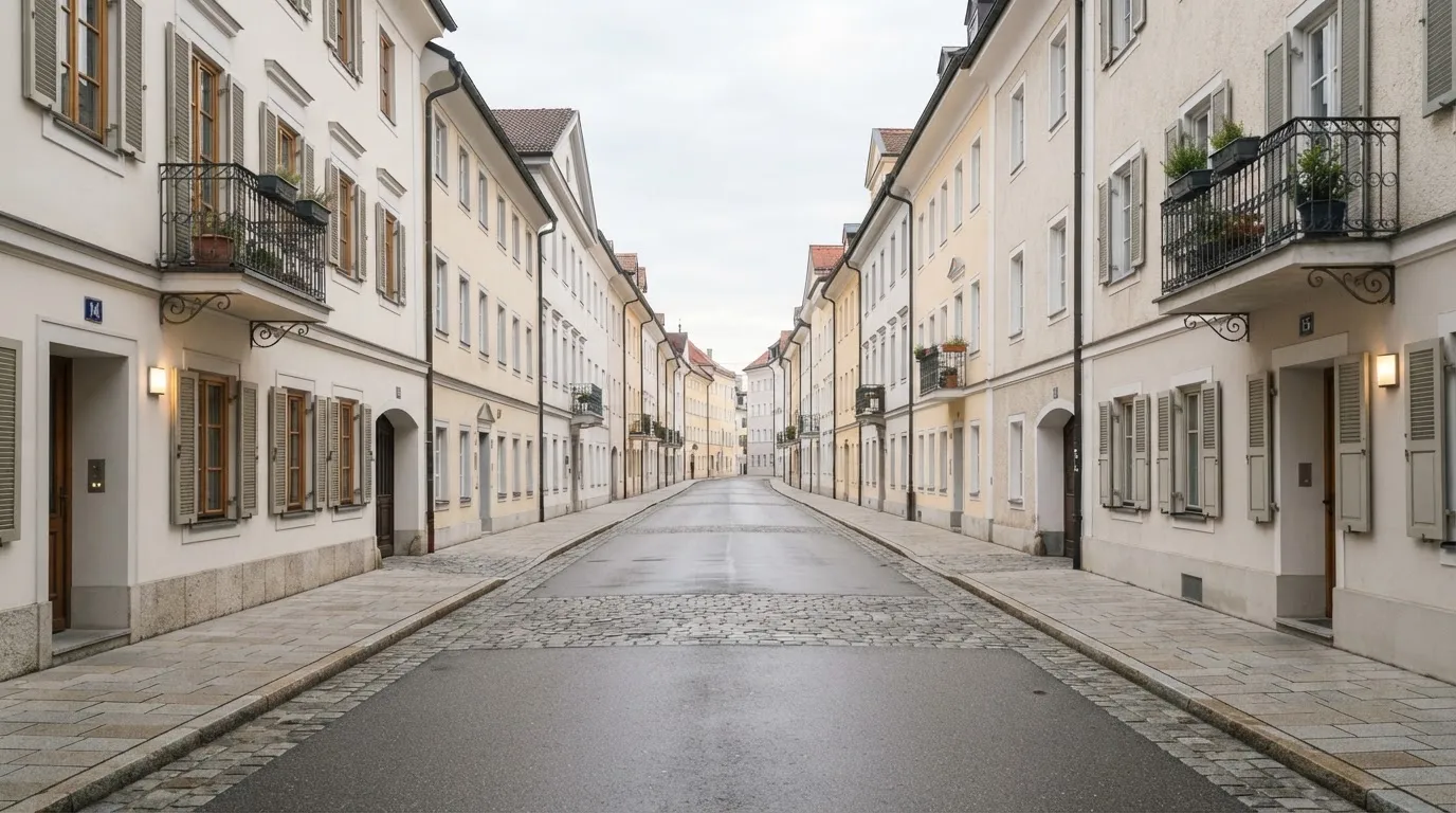 Ein Straßenzug mit hellen Fassaden an einem ruhigen Vormittag, kein Verkehr, keine Schilder, niemand ist zu sehen.