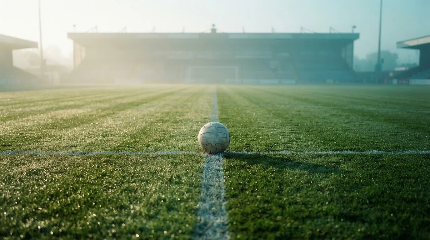 Ein Fußball liegt auf einem Rasenplatz, im Hintergrund eine ferne Tribüne im Morgendunst, Tau glänzt im Gras.