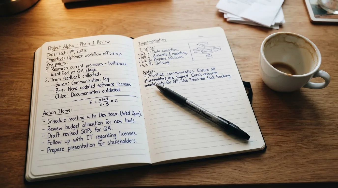 Ein Notizbuch mit handschriftlichen Notizen und ein Kugelschreiber liegen auf einem Schreibtisch neben einer Tasse, Blick schräg von oben.