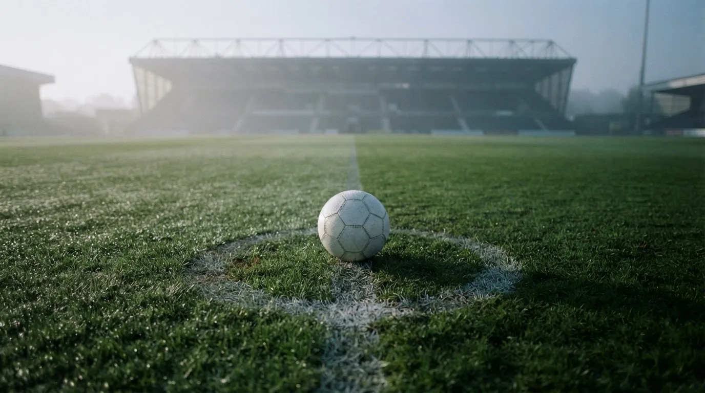 Ein Fußball liegt auf dem Mittelkreis eines leeren Rasenplatzes am frühen Morgen, im Hintergrund eine ferne Tribüne im Dunst.