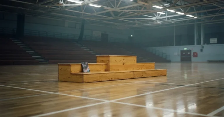 Ein Podium aus hellem Holz steht in einer leeren Sporthalle unter Hallenlicht, ohne Beschriftung oder Zahlen, niemand ist zu sehen.