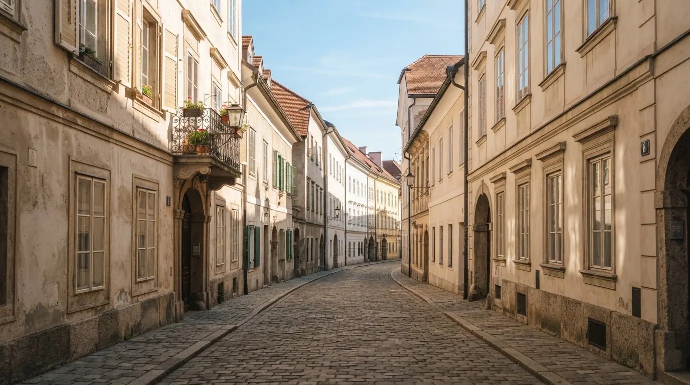 Ein ruhiger Straßenzug in einer Altstadt am Vormittag, helle Fassaden, keine Schilder, niemand ist zu sehen.