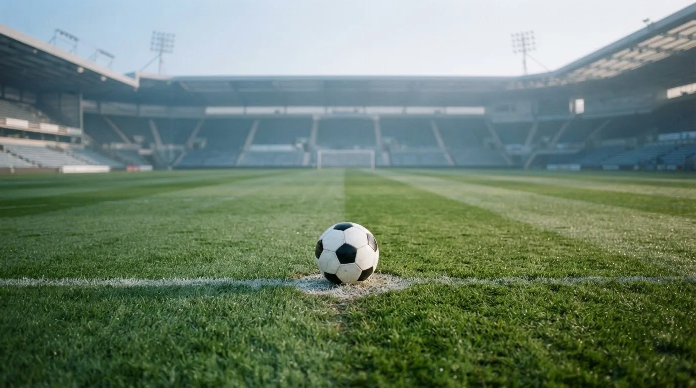 Ein Fußball liegt auf dem Mittelkreis eines leeren Rasenplatzes am frühen Morgen, im Hintergrund eine ferne Tribüne im Dunst.