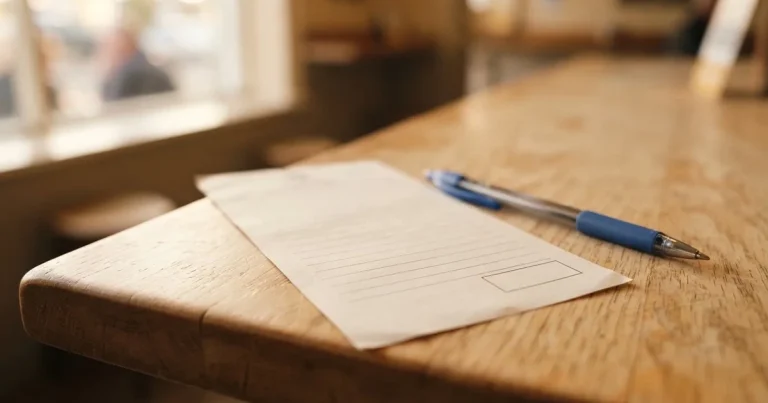 Ein leerer Papier-Wettschein ohne Aufdruck liegt neben einem Kugelschreiber auf einem hellen Tresen, weiches Seitenlicht.