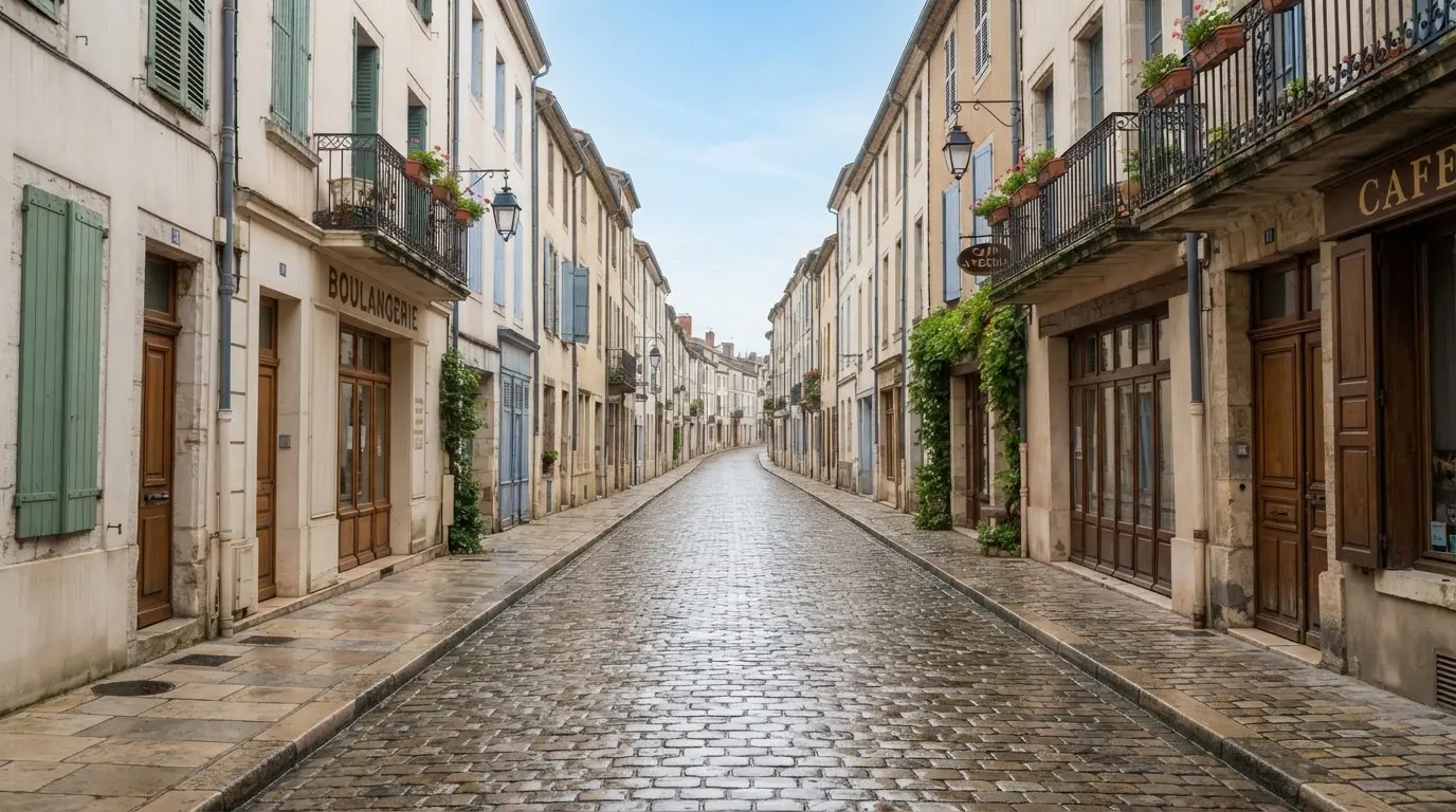 Ein ruhiger Straßenzug in einer Altstadt am Vormittag, helle Fassaden, keine Schilder, niemand ist zu sehen.