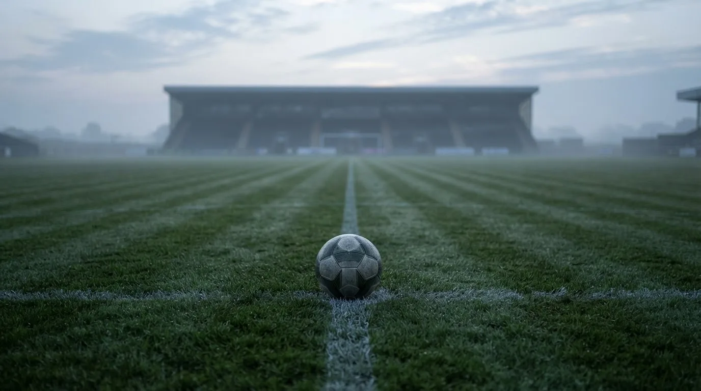 Ein Fußball liegt auf dem Mittelkreis eines leeren Rasenplatzes am frühen Morgen, im Hintergrund eine ferne Tribüne im Dunst.