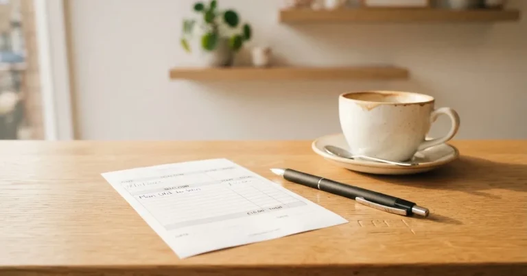 Ein leerer Papier-Wettschein ohne Aufdruck liegt neben einem Kugelschreiber auf einem hellen Tresen, weiches Seitenlicht.