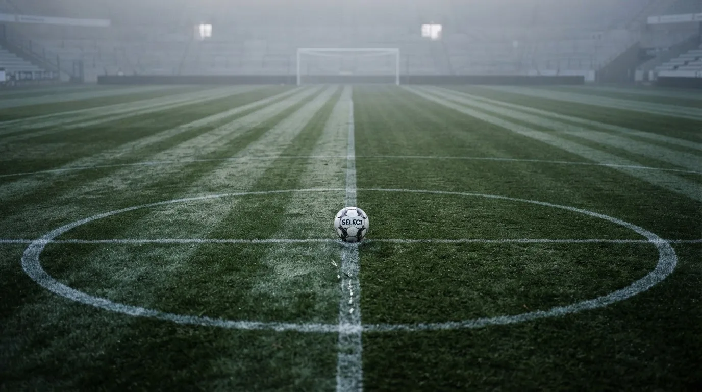 Ein Fußball liegt auf dem Mittelkreis eines leeren Rasenplatzes am frühen Morgen, im Hintergrund eine ferne Tribüne im Dunst.
