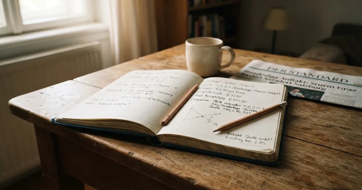 Ein Notizbuch mit handschriftlichen Notizen und kleinen Skizzen liegt aufgeschlagen neben einem Bleistift auf einem Schreibtisch, Fensterlicht von links.