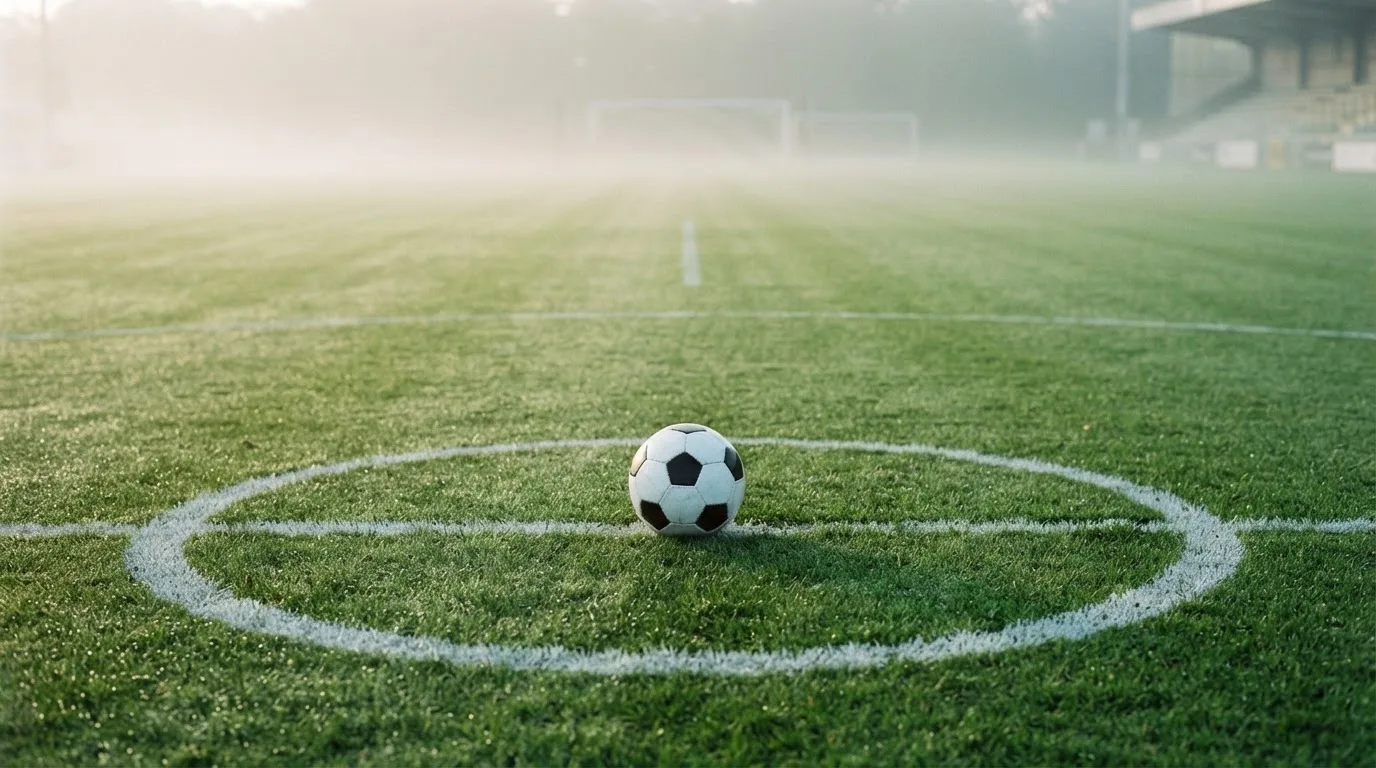 Ein Fußball liegt auf dem Anstoßpunkt eines leeren Rasenplatzes im Morgendunst, im Hintergrund eine ferne Tribüne.