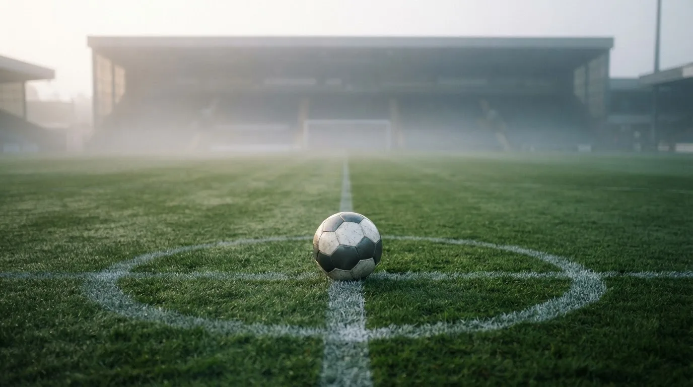 Ein Fußball liegt auf dem Anstoßpunkt eines leeren Rasenplatzes im Morgennebel, im Hintergrund verschwimmen die Tribünen.