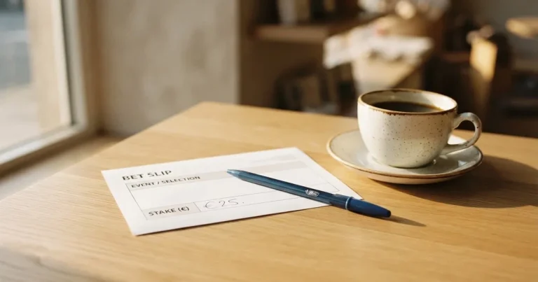 Ein leerer Wettschein aus Papier und ein Kugelschreiber liegen auf einem hellen Holztisch neben einer Kaffeetasse im warmen Seitenlicht.