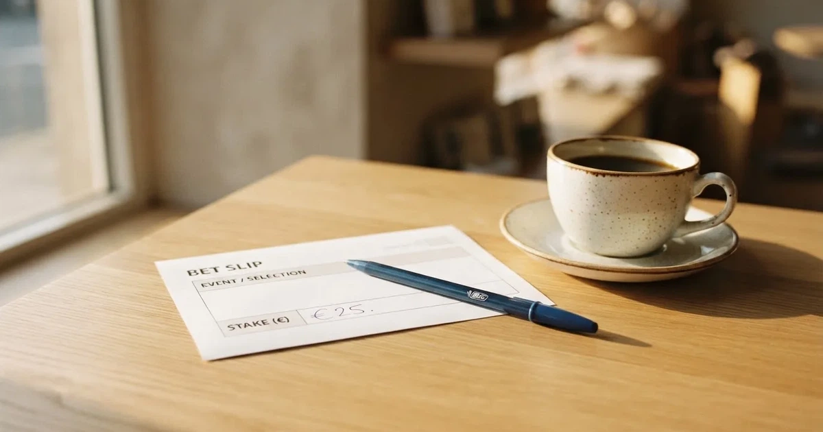 Ein leerer Wettschein aus Papier und ein Kugelschreiber liegen auf einem hellen Holztisch neben einer Kaffeetasse im warmen Seitenlicht.