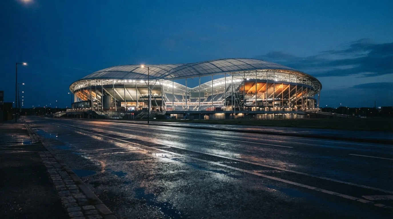 Ein Stadion unter Flutlicht aus großer Entfernung gesehen, davor eine nasse Straße in der Abenddämmerung.