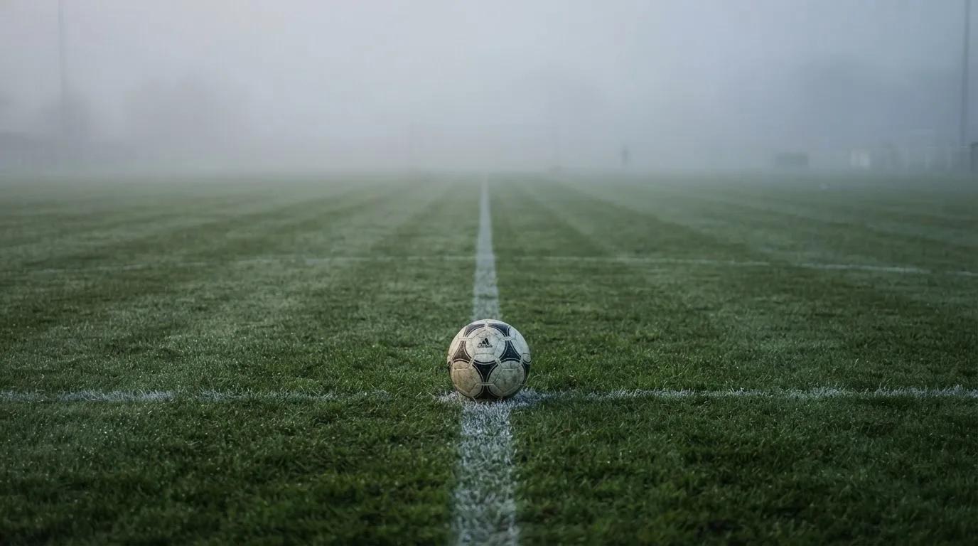 Ein Fußball liegt auf dem Anstoßpunkt eines leeren Rasenplatzes im Morgennebel.