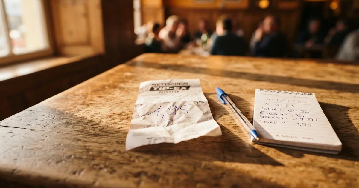 Ein leerer Wettschein aus Papier und ein Kugelschreiber liegen auf einem Holztisch, daneben ein kleiner Taschenrechner im Seitenlicht.