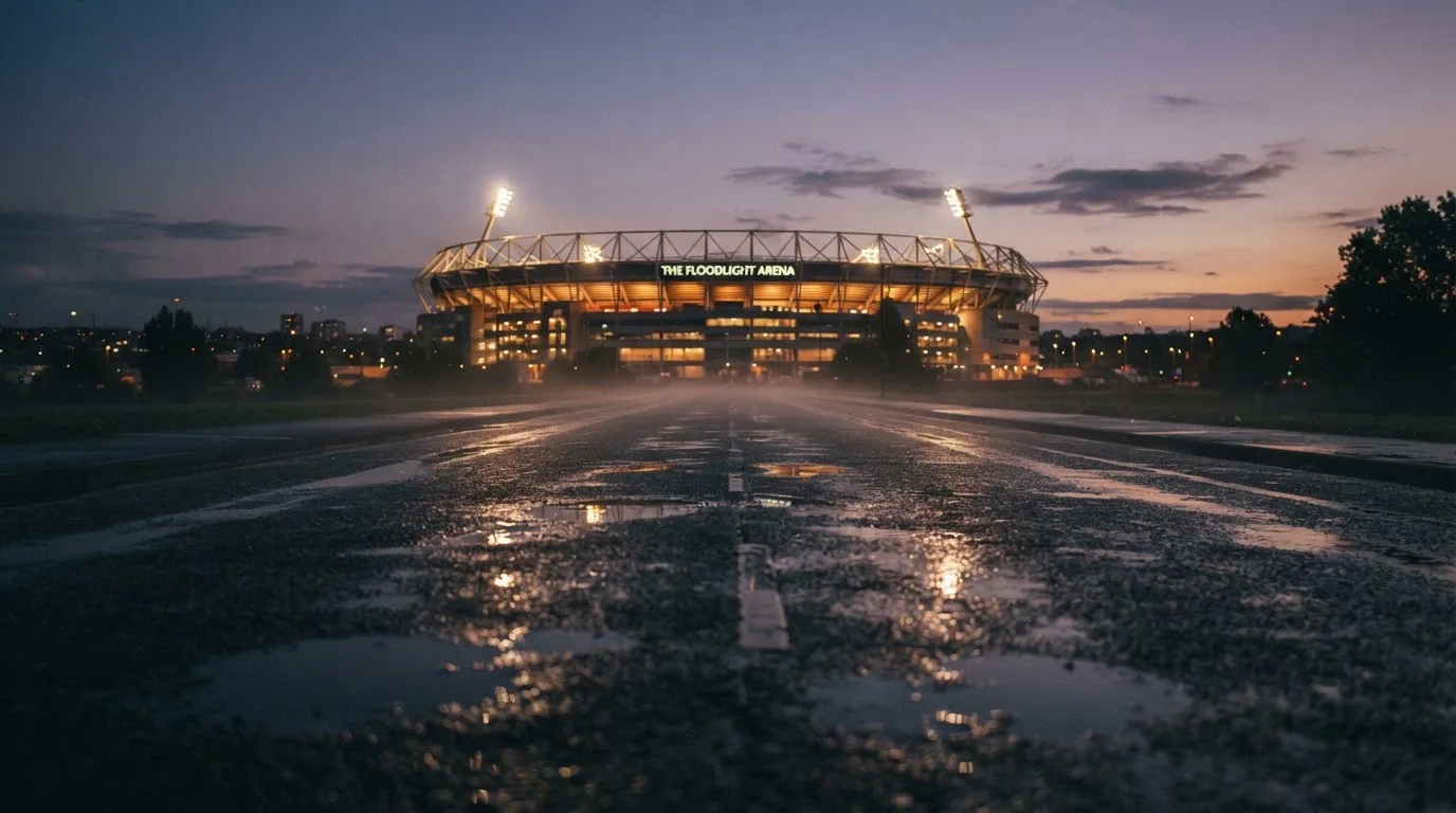 Ein Stadion unter Flutlicht aus großer Entfernung gesehen, davor eine regennasse Straße in der Dämmerung.