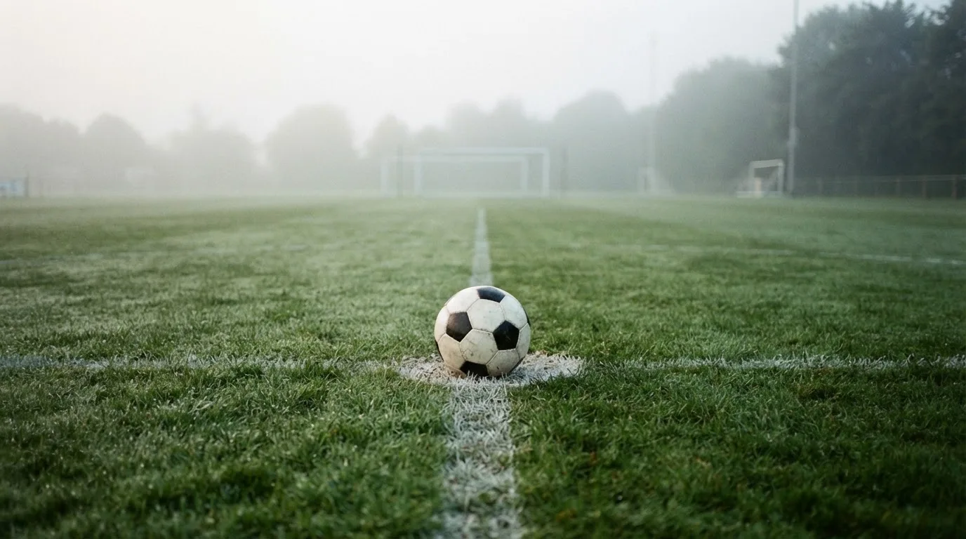 Ein Fußball liegt auf dem Anstoßpunkt eines leeren Rasenplatzes im Morgennebel.