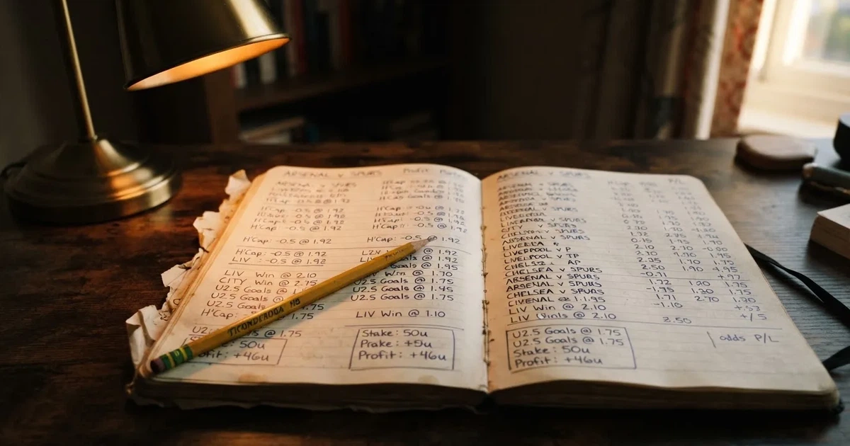 Ein aufgeschlagenes Notizbuch mit handschriftlichen Notizen und ein Bleistift liegen auf einem Schreibtisch im Licht einer Lampe.