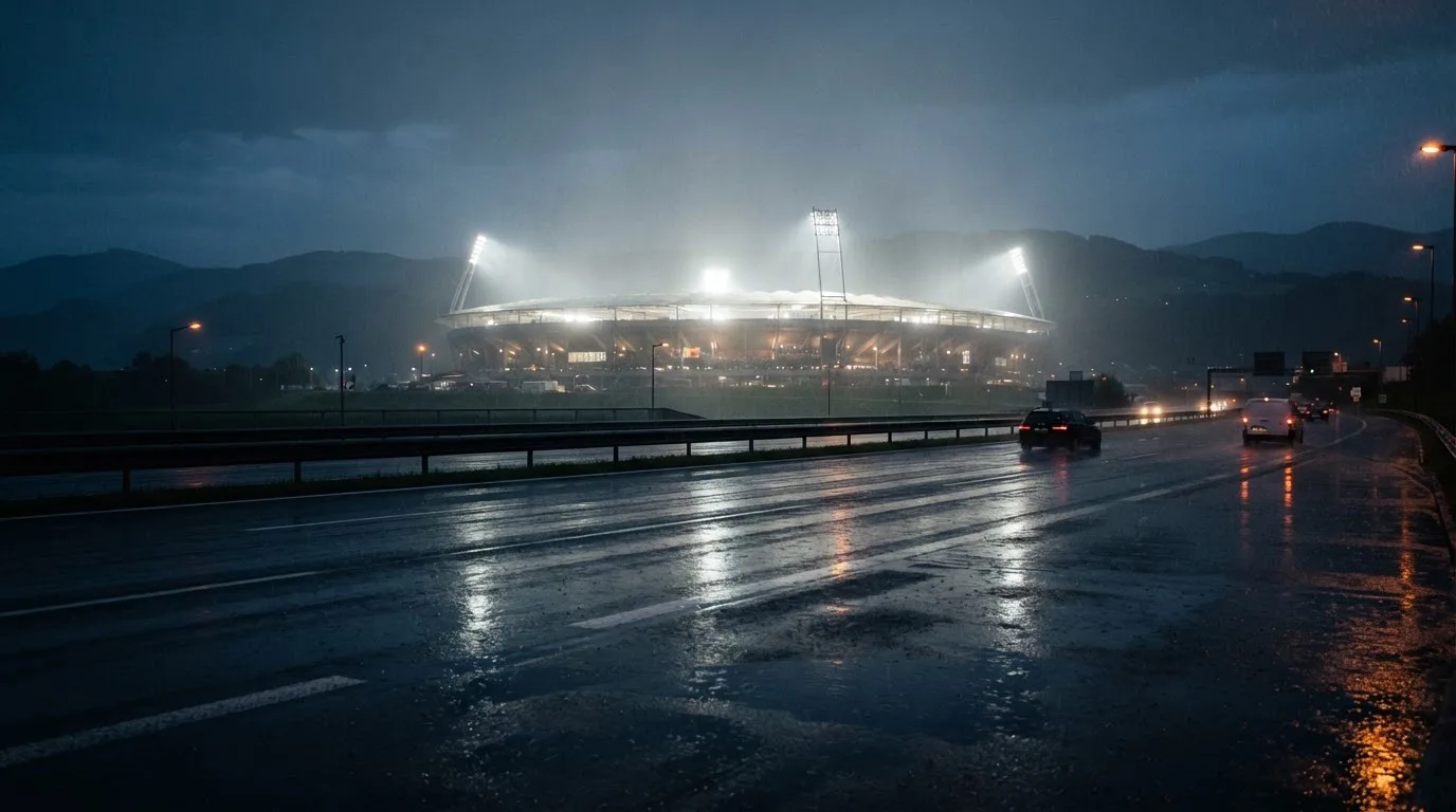 Ein Stadion unter Flutlicht aus großer Entfernung gesehen, davor eine regennasse Straße in der Dämmerung.
