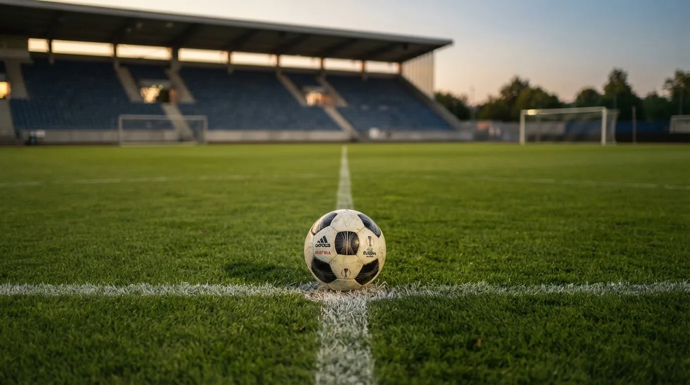 Ein Fußball liegt auf dem Anstoßpunkt eines leeren Rasenplatzes, dahinter eine menschenleere Tribüne im weichen Abendlicht.