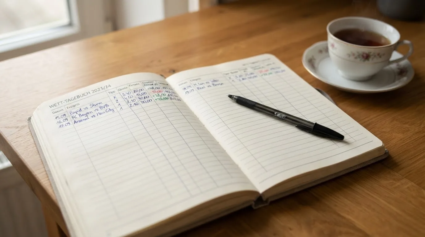 Ein aufgeschlagenes Notizbuch mit handgeschriebenen Notizen und ein Kugelschreiber liegen auf einem Schreibtisch neben einer Tasse Tee.