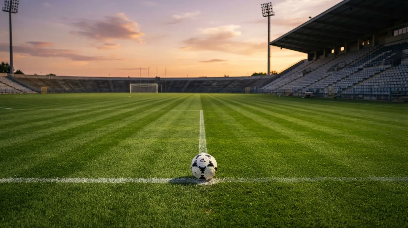 Ein Fußball liegt auf dem Anstoßpunkt eines leeren Rasenplatzes, dahinter eine leere Tribüne in weichem Abendlicht.