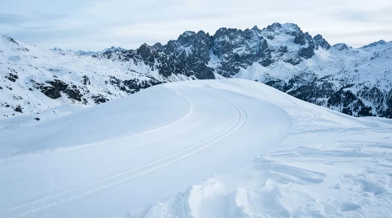 Eine Skipiste in winterlichem Licht mit frischen Spuren im Schnee und einer Bergkulisse im Hintergrund, ohne Menschen.