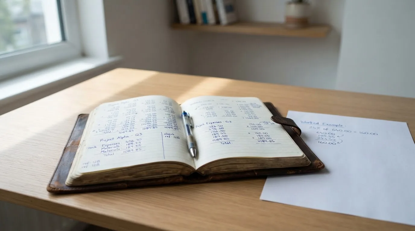 Ein Notizbuch mit handschriftlichen Rechnungen und ein Taschenrechner auf einem Schreibtisch, im Fenster fällt Morgenlicht.