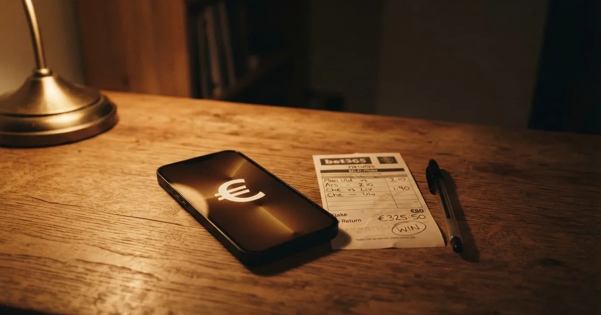 Eine Hand schiebt einen kleinen Stapel Euro-Münzen über eine Tischplatte, daneben liegt ein leerer Wettschein aus Papier im warmen Lampenlicht.
