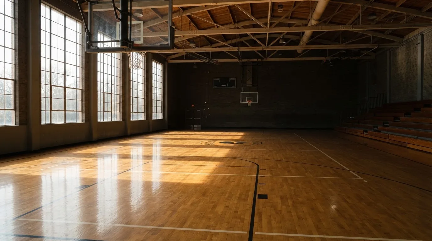 Ein leeres Basketballfeld in einer Halle mit glänzendem Parkett und Korb, durch hohe Fenster fällt Tageslicht.