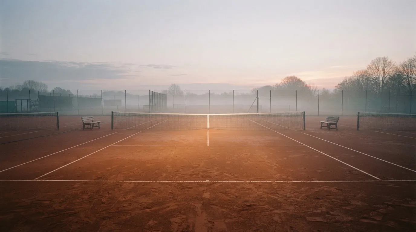 Ein Tennisplatz im Morgengrauen mit Netz und Linien, über dem Sandboden hängt leichter Nebel und die Bänke sind leer.