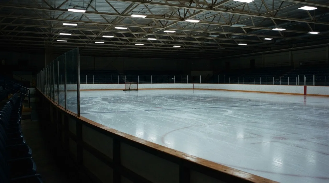 Eine leere Eisfläche in einer Halle mit Bande, das Eis zeigt feine Kratzspuren im kühlen Licht der Deckenlampen.
