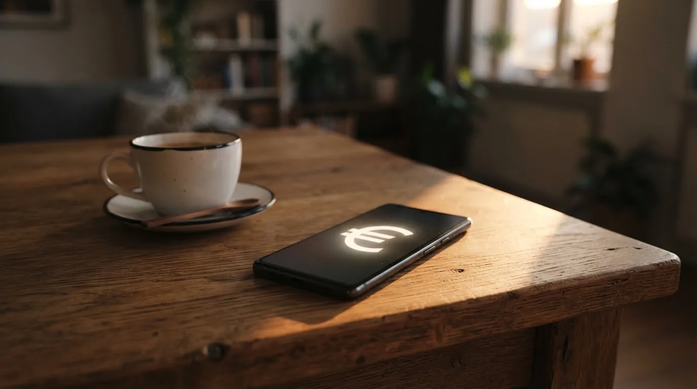Ein Smartphone mit dunklem Display liegt auf einem Holztisch neben einer Tasse Kaffee, am Fenster fällt Abendlicht.