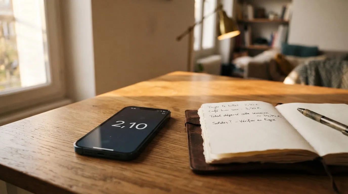 Ein Smartphone mit dunklem Display liegt auf einem Holztisch neben einem Notizbuch, durch das Fenster fällt Abendlicht.