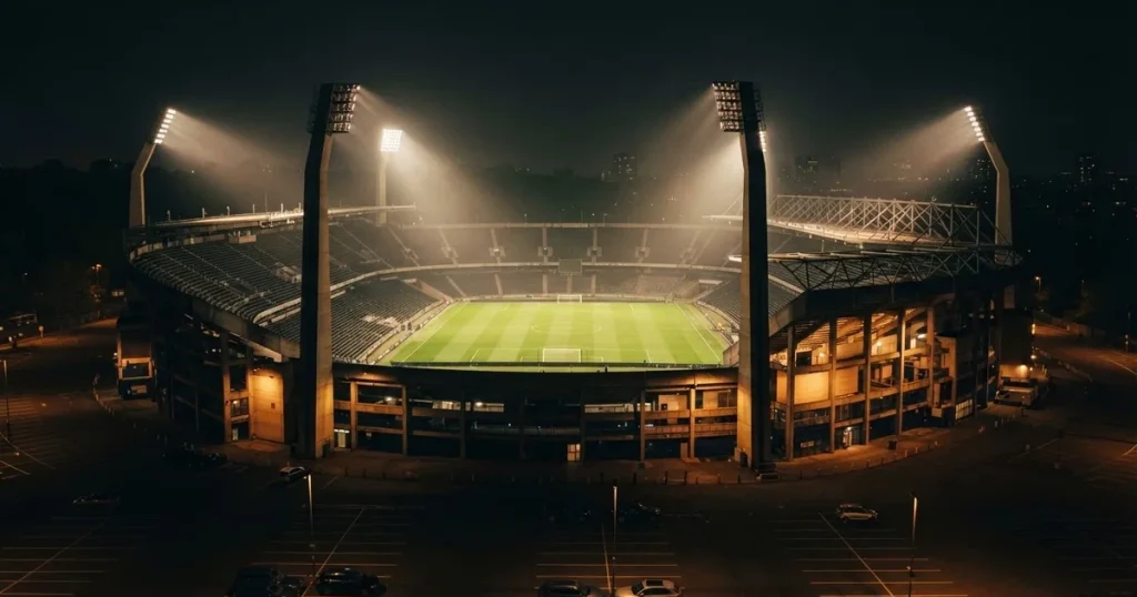 Ein Fußballstadion unter Flutlicht aus großer Entfernung gesehen, die Lichtkegel stehen im dunklen Abendhimmel über leeren Parkplätzen.